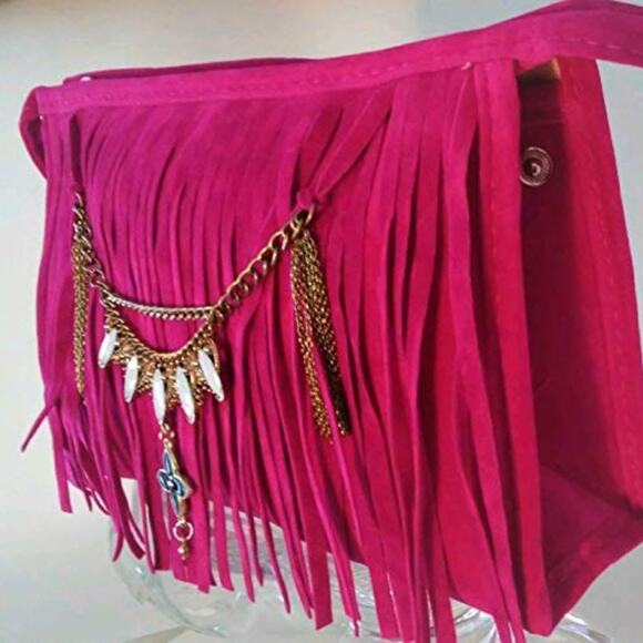 CROSSBODY Fringed Purse Fuscia Pink BOHEMIAN Beaded Chain Flower Charm Gypsy - Picture 4 of 11